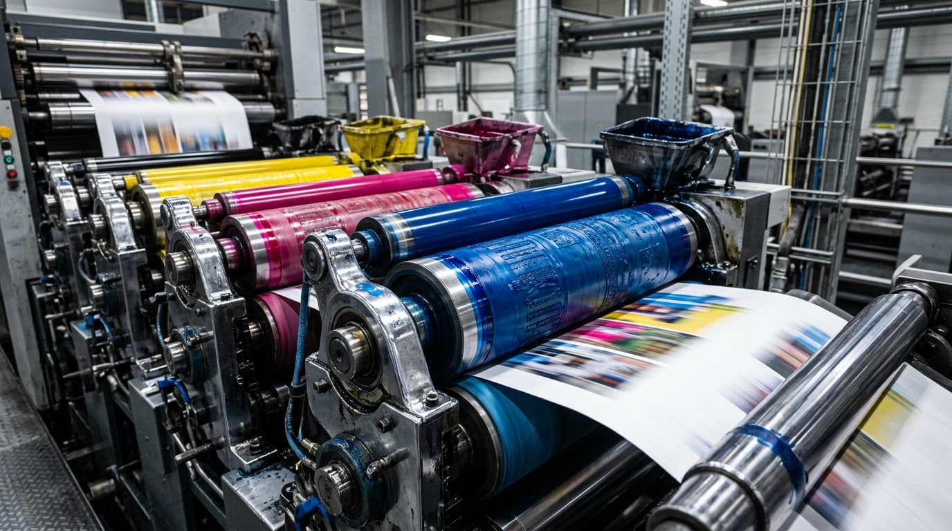 Close-up of an offset printing press feeding sheets through inked rollers