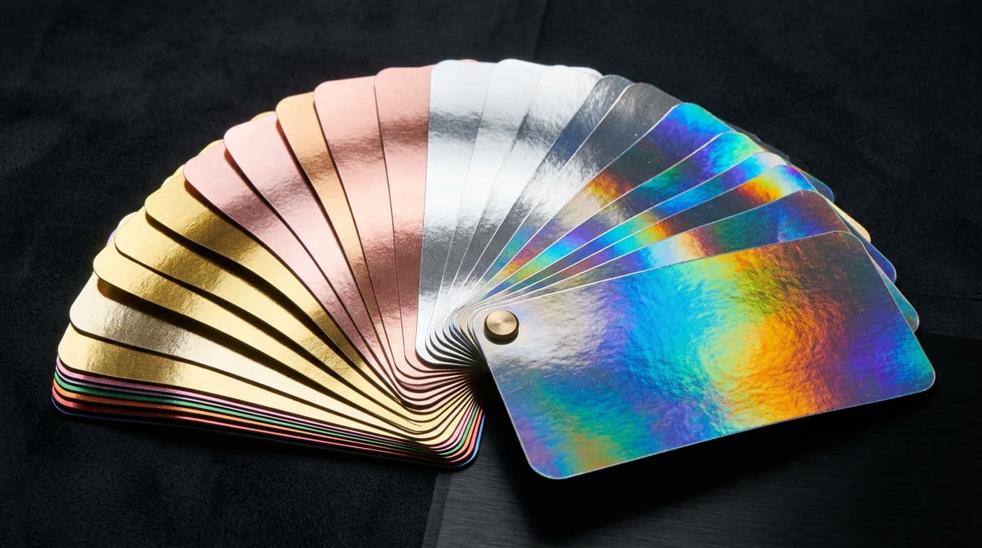 Close-up of gold, rose gold, and holographic foil swatches side by side, showing how each catches light differently