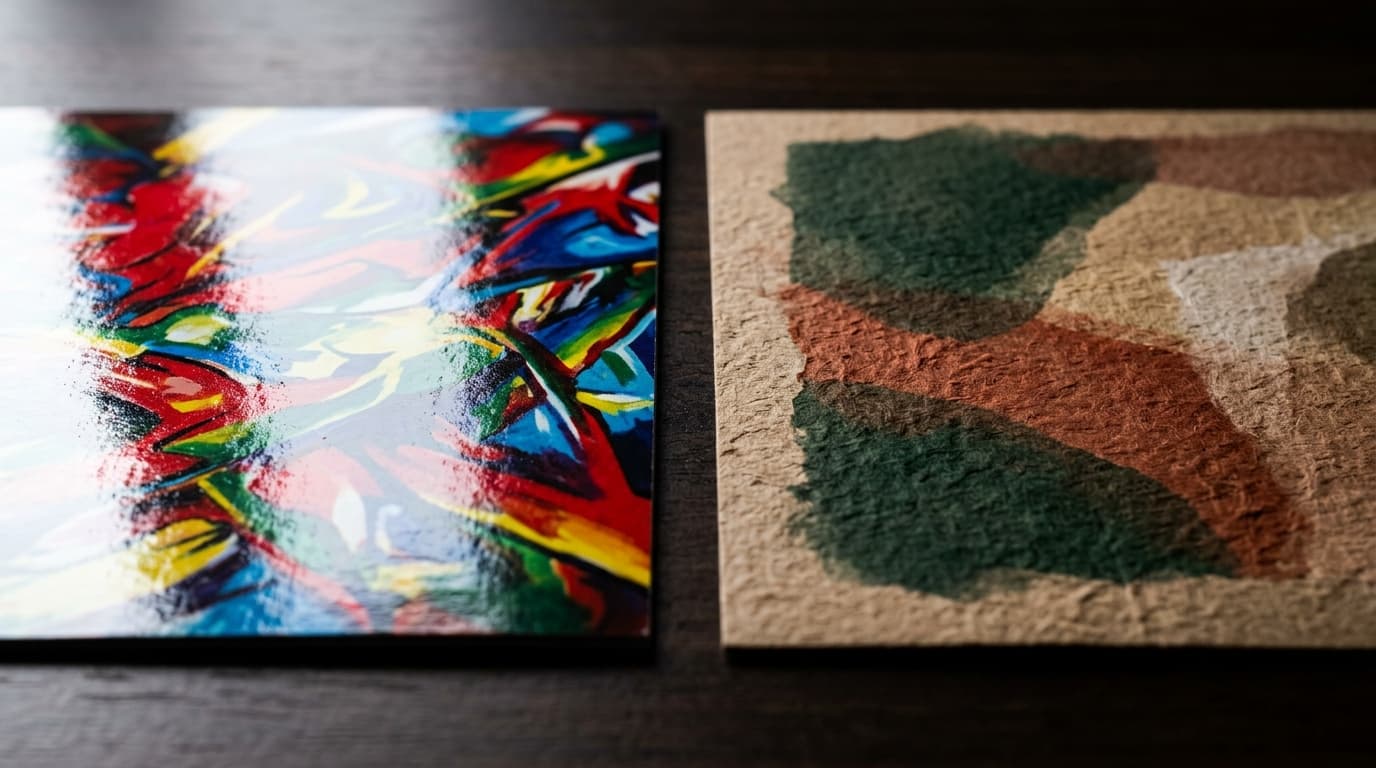Coated gloss paper next to uncoated matte paper at the same weight, showing the visible difference in surface finish